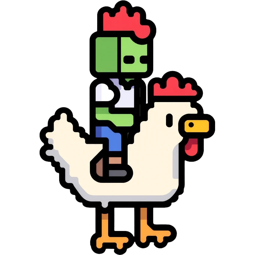 Minecraft chicken jockey - a small pixelated baby zombie riding on top of a white chicken, blocky style emoji