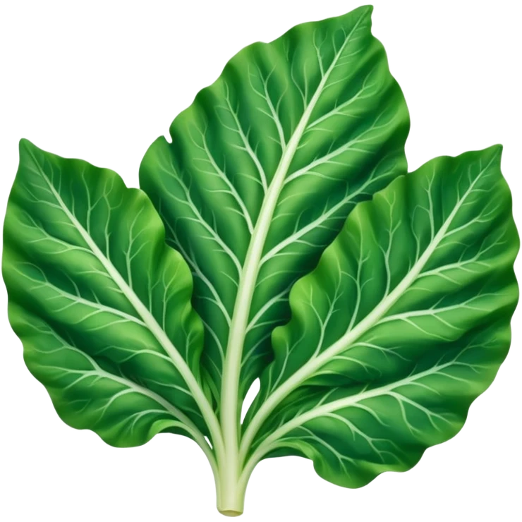 single chard leaf with broad vibrant green blades and thick white rib running down the center, slightly crinkled matte texture, natural curves, visible veins, no bunch soil or extras, soft lighting, subtle shadows, emoji scale emoji