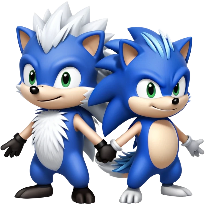 Blue Sonic the hedgehog, black Shadow the hedgehog, and small baby Silver the hedgehog holding hands together in a row emoji