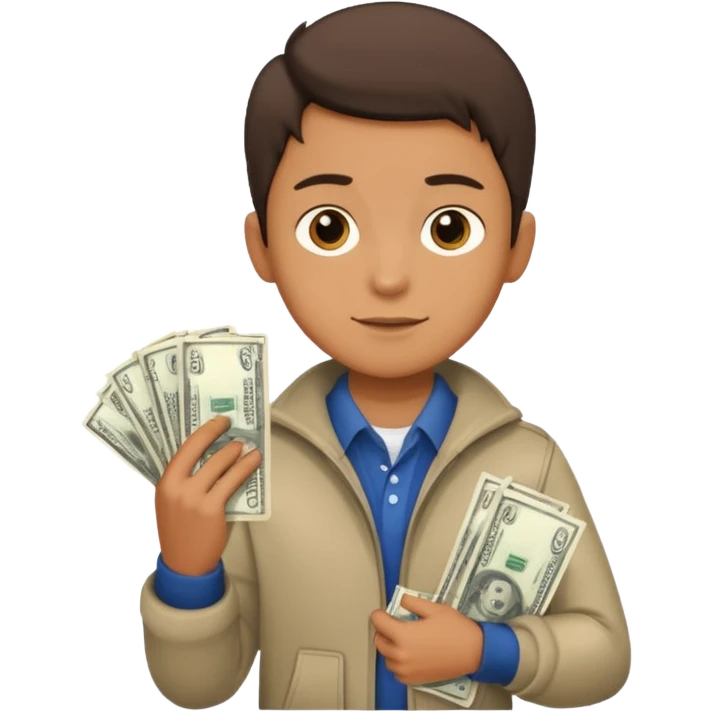 boy in trendy clothes, holding a stack of dollars emoji