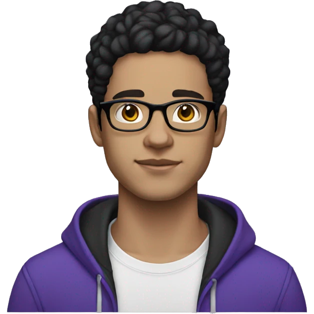 23 year old man white skin, glasses black hair, violet hoodie emoji