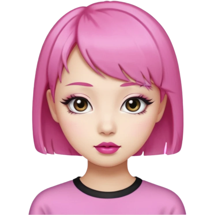 An Asian girl with Fashion pink short hair, big eyes, thick eyebrows, and long eyelashes;  emoji