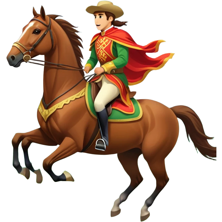 An icon showcasing a majestic horse and rider in full gallop across a lush green field. The background features a clear sky, distant mountains, and a vibrant landscape. The rider wears traditional gear, while the horse leaps with grace and power.  emoji