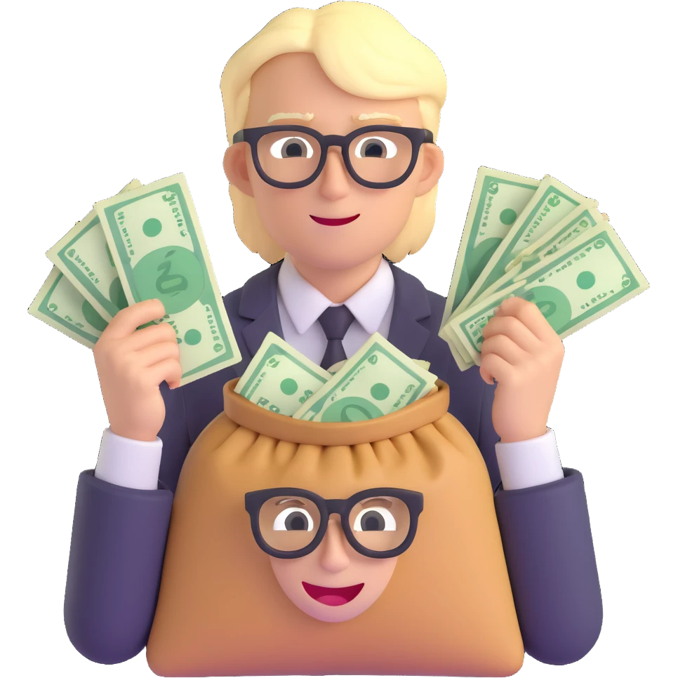 blond male with black glasses, clutching money bags, money symbols in eyes emoji