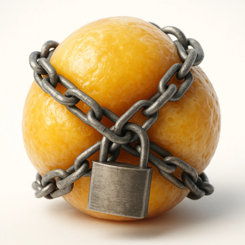 isolated adipocyte locked by chains and padlock, hyper realistic 4K, cellular details, white background, natural light emoji