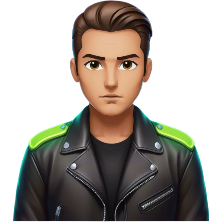A lone biker with slicked-back hair, wearing a leather jacket, his face partially lit by neon lights emoji