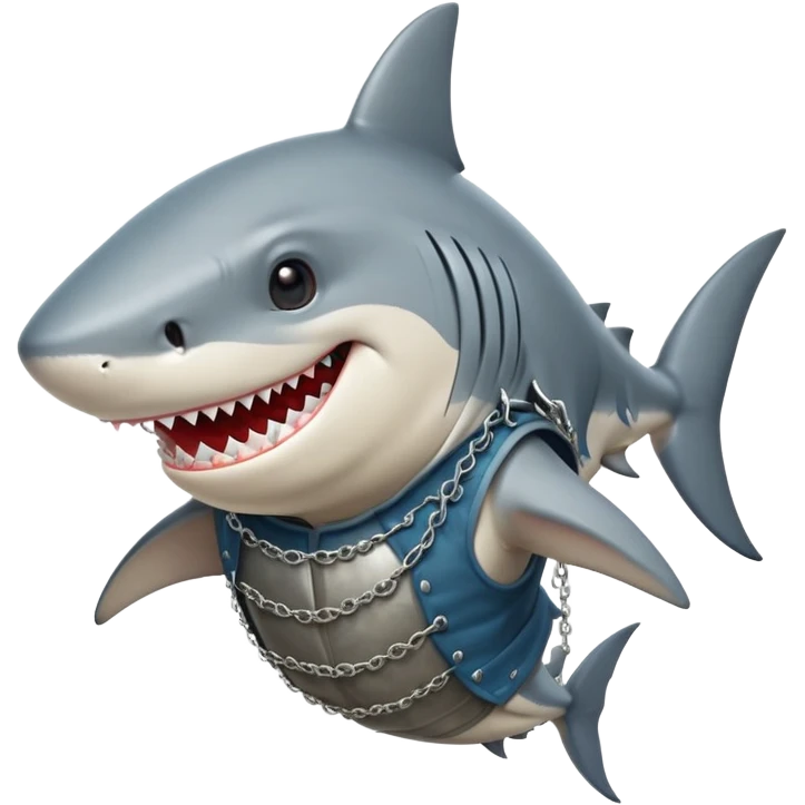 Anthropomorphic shark without head fins, wearing a gambeson and chainmail coif with messy black hair smiling emoji
