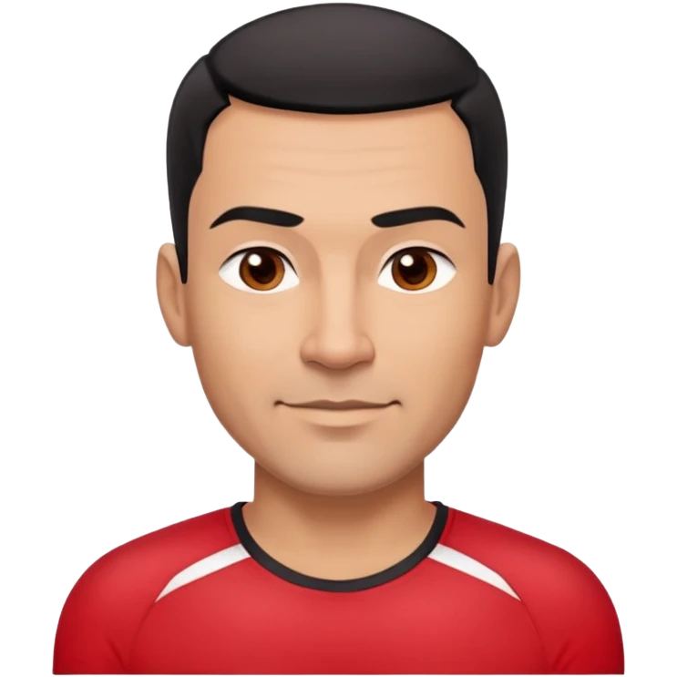 Robust athletic man in his 40s with light brown skin tone, very short black hair with modern fade haircut, strong square face with pronounced cheekbones, thick eyebrows, wide nose, medium lips with friendly smile, wearing red fitted athletic shirt emoji