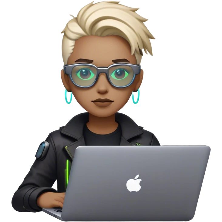 An emoji of a person with a laptop, but wearing cyberpunk glasses and with a slight neon glow emoji