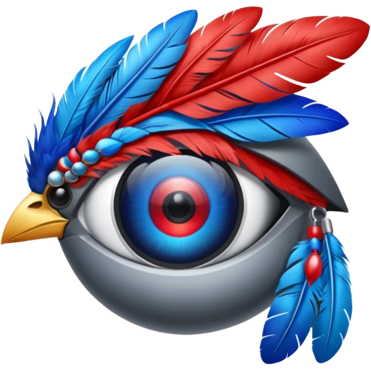 grey eye piece with red and blue feathers emoji