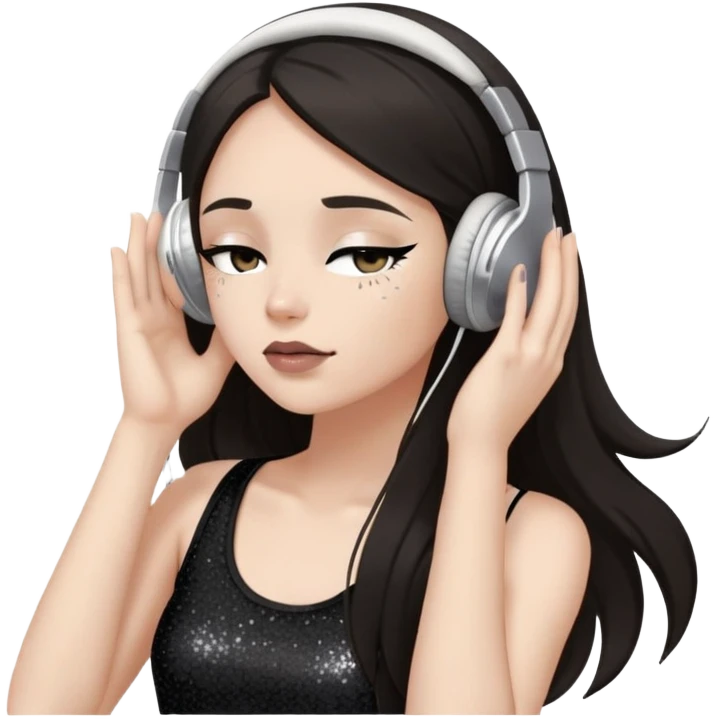 Girl with long dark hair, fair skin tone, wearing a black tank top, has glitter on her eyelids, and taupe lipstick, wearing white headphones, her hands are on her ears, and her eyes are slightly close emoji