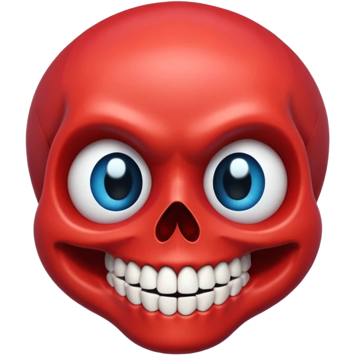 “A bright red cartoon skull with a smooth shiny surface, large round blue eyes with white outlines, a wide exaggerated smile showing big detailed teeth, simple black nose cavity, clean symmetrical face shape, centered on a plain light background, HD, sharp, vibrant, no distortion.” emoji
