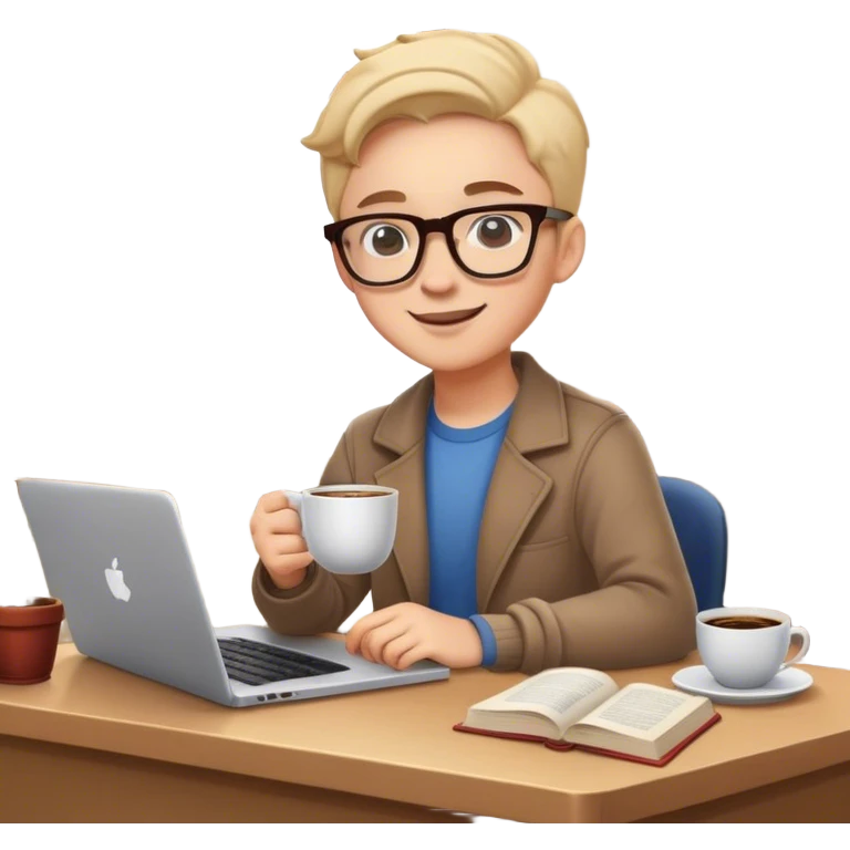 A cheerful student with glasses, holding a steaming cup of coffee, sitting at a desk with books and a laptop, surrounded by a cozy study vibe, warm lighting, and a relaxed expression. emoji