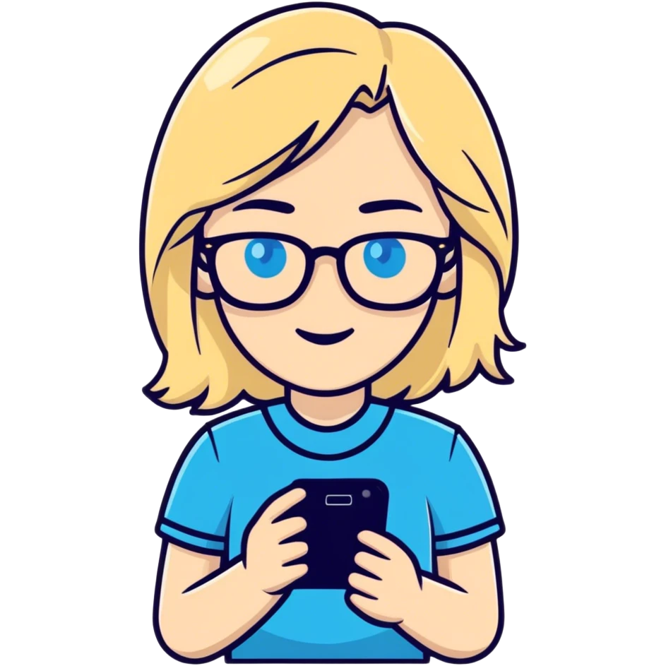 ￼ a white woman with blonde hair, blue eyes and glasses holding a phone emoji