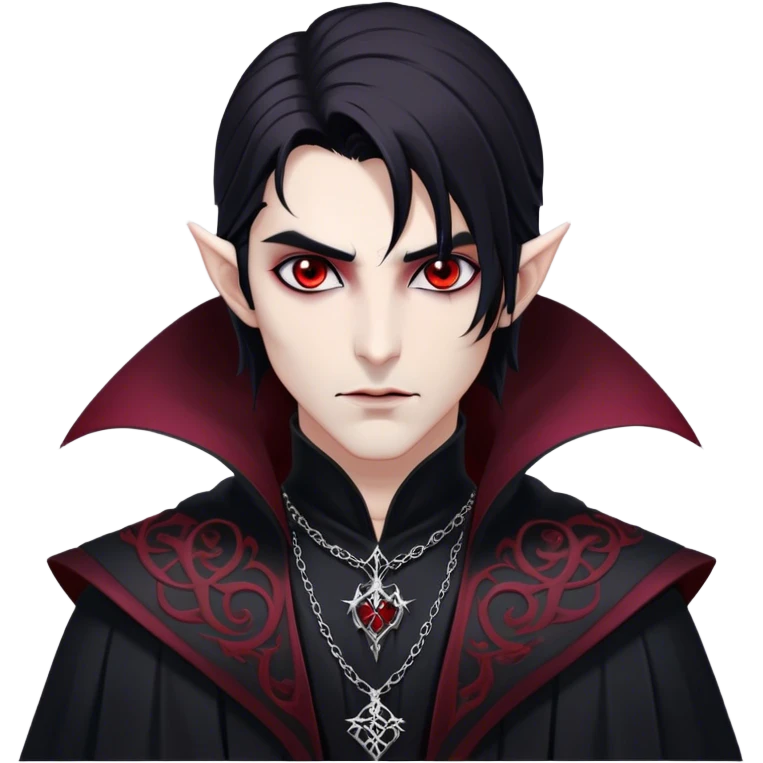 Cinematic Realistic WoW Vampire Mage Portrait, depicted with dark and mysterious elegance, wearing a flowing black robe intricately adorned with arcane silver filigree and esoteric runes. His pallid, almost ethereal skin contrasts with deep crimson, mesmerizing eyes, while his dark, slick hair falls in sleek strands. Rendered with lifelike texture and moody, dramatic lighting, high shine, noble and formidable, capturing the essence of a legendary vampire mage of Azeroth. emoji