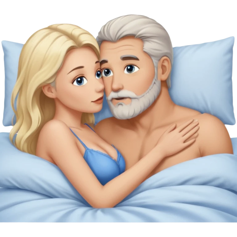 Cuddling Man with hazel eyes and gray beard kissing sexy  blonde blue-eyed  woman in bed emoji