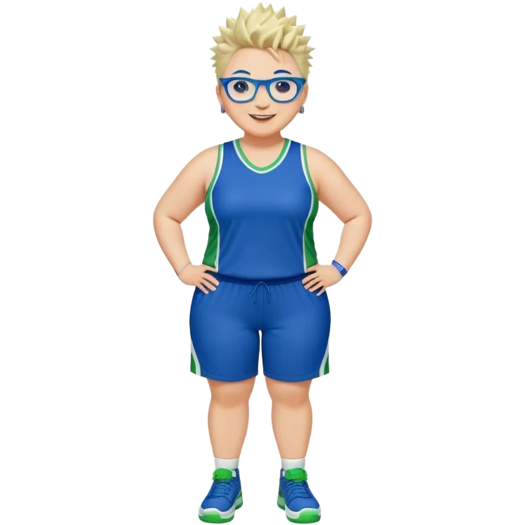 Full Body plus size white female with short spike hair wearing blue glasses basketball player wearing blue green uniform smiling emoji