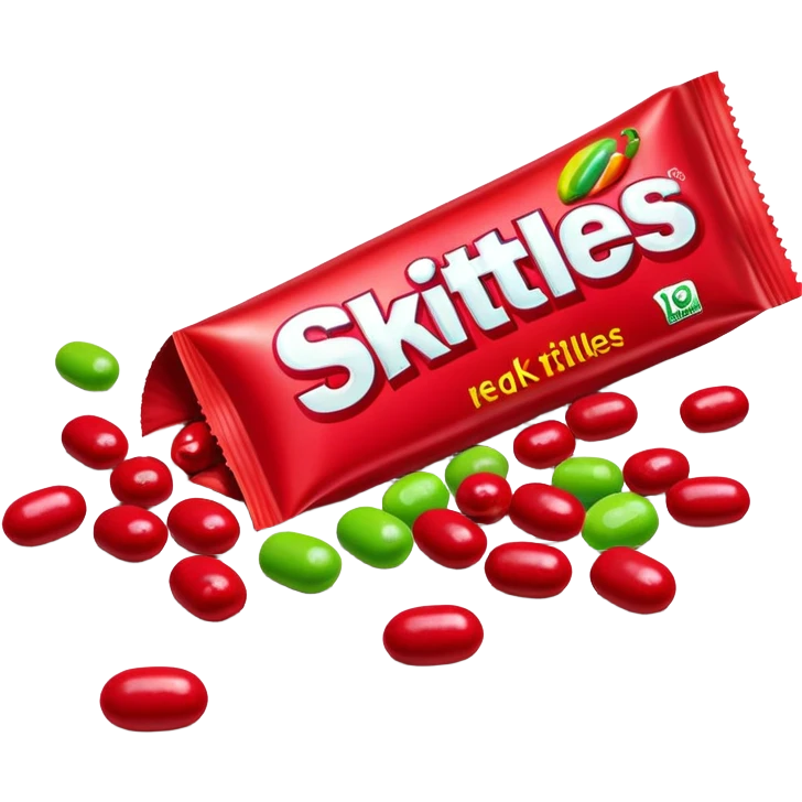 Red Skittles package with logo, the original red Skittles pack design, with only green Skittles candies spilling out emoji