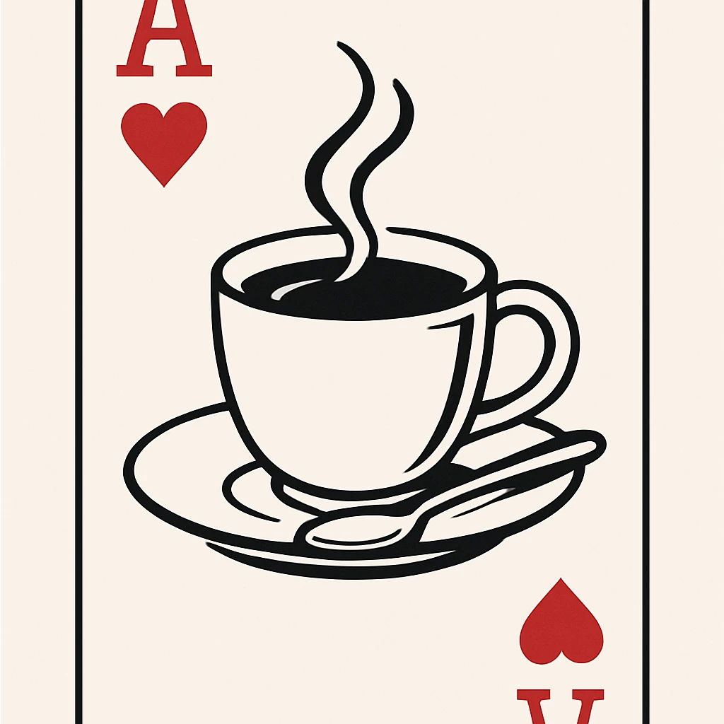 A coffee cup with rising steam, placed on a saucer with a spoon, detailed yet minimalist design perfect for a card illustration emoji