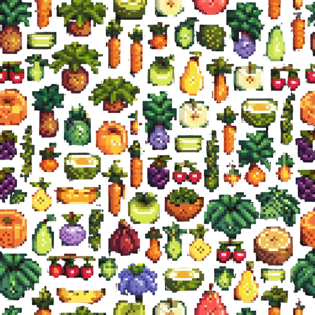vibrant colored pixel art of organic fruits and vegetables emoji
