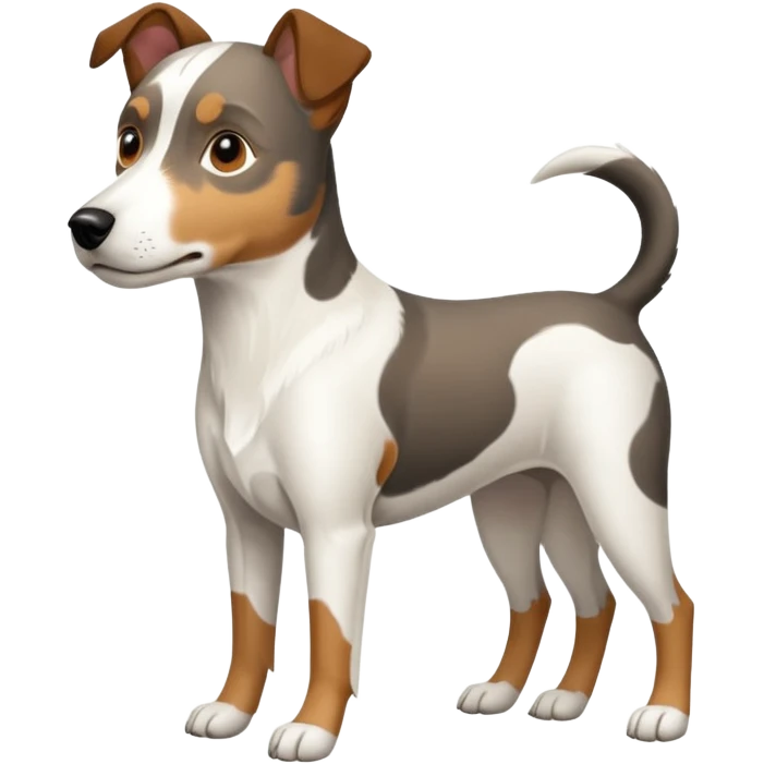 a full body large white parson russell looking dog the size of a kelpie with light brown ears and a light brown patch on one eye and a large snout emoji
