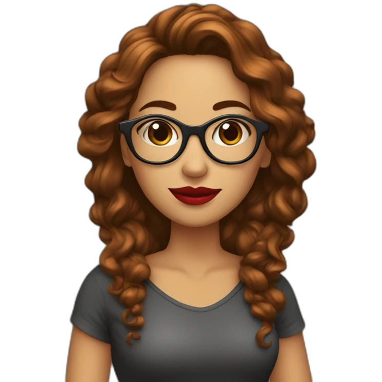 Mujer cabello castaño largo, piel pálida con lentes, labios rojos emoji