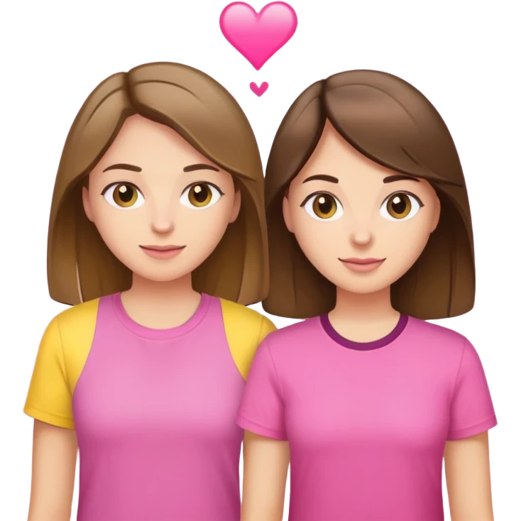 Two best friends one light brunette and the other brunette’s with highlights. Both are white. The first one is wearing a yellow shirt and the other a pink  emoji