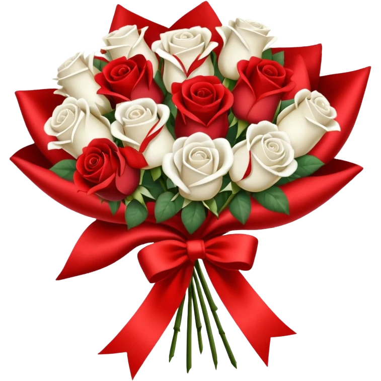 one red flower and one white flower in bouquet with red band emoji