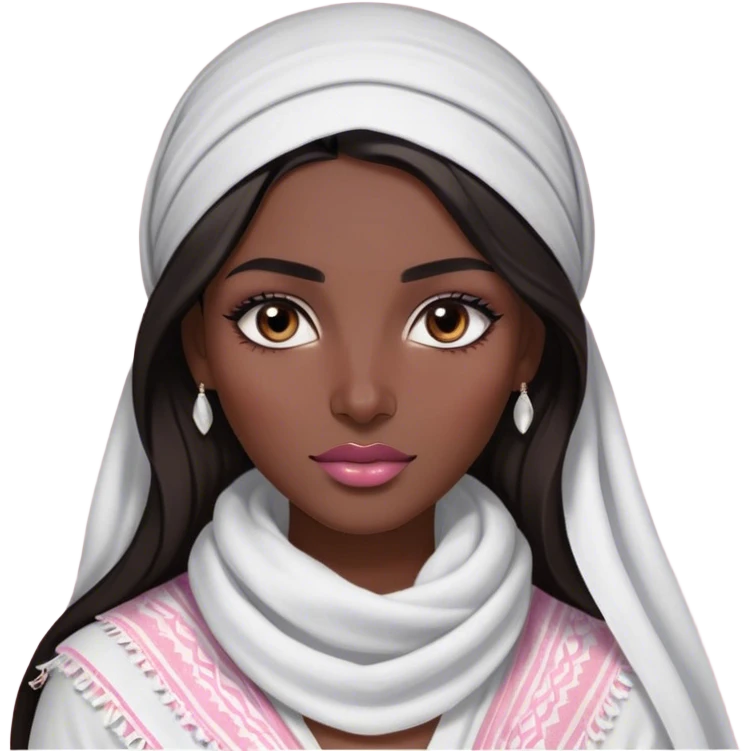 A woman with long, dark hair wears white keffiyeh, giving her a graceful and cultural look. Her makeup is well-done, with defined eyebrows and soft pink lips, enhancing her striking features. The dim lighting and blurred background create a warm, intimate atmosphere. emoji