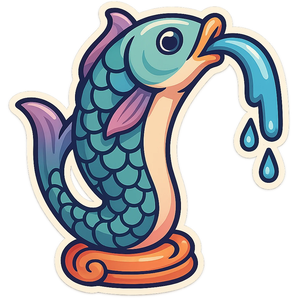 Вытянутая рыбка-фонтан в стиле retro-stickers, без декора, с детализированной рисовкой, тенями и бликами, тонкие чистые контуры, мягкие округлые формы, пастельная палитра #98B5BC, #B5B3C1, #C9A3C9, #E4C0CA, #F7DCD1, #F7C0AA, современное японское поп-арт, мягкое освещение, прозрачный фон. Кадр 1: короткая струя воды изо рта. emoji