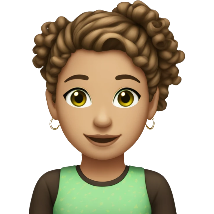 girl with curly brown hair, topknot with loose hair, green eyes, light skin, hoop earrings, smiling emoji