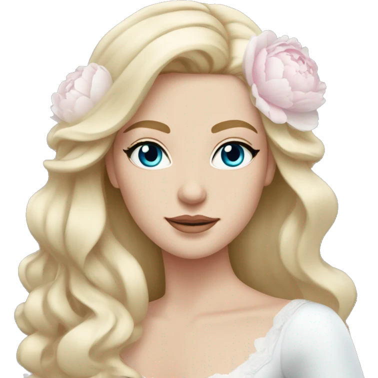 White bride with long light blonde hair and blue eyes with light pink peonies in hair white skin  emoji