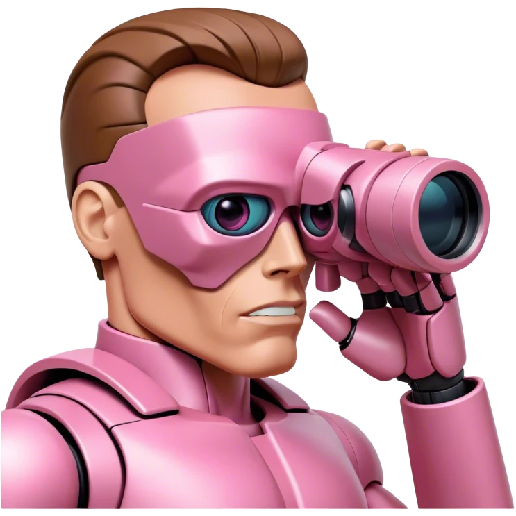schwarzenegger-looking half robotic half human pink terminator looking through two-eyed binocular, viewed from an angled perspective emoji