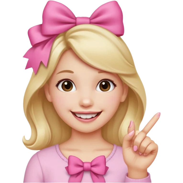 Chica sonriendo con un lazo rosa en la cabeza y mordiendose la punta del dedo indice con delicadeza y la otra mano que no salga emoji
