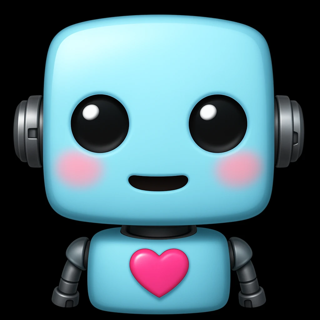 Edit the image to depict a light blue (#b0f2f8) cute robot with a heart on its chest, blushing, in the style of an apple emoji. emoji