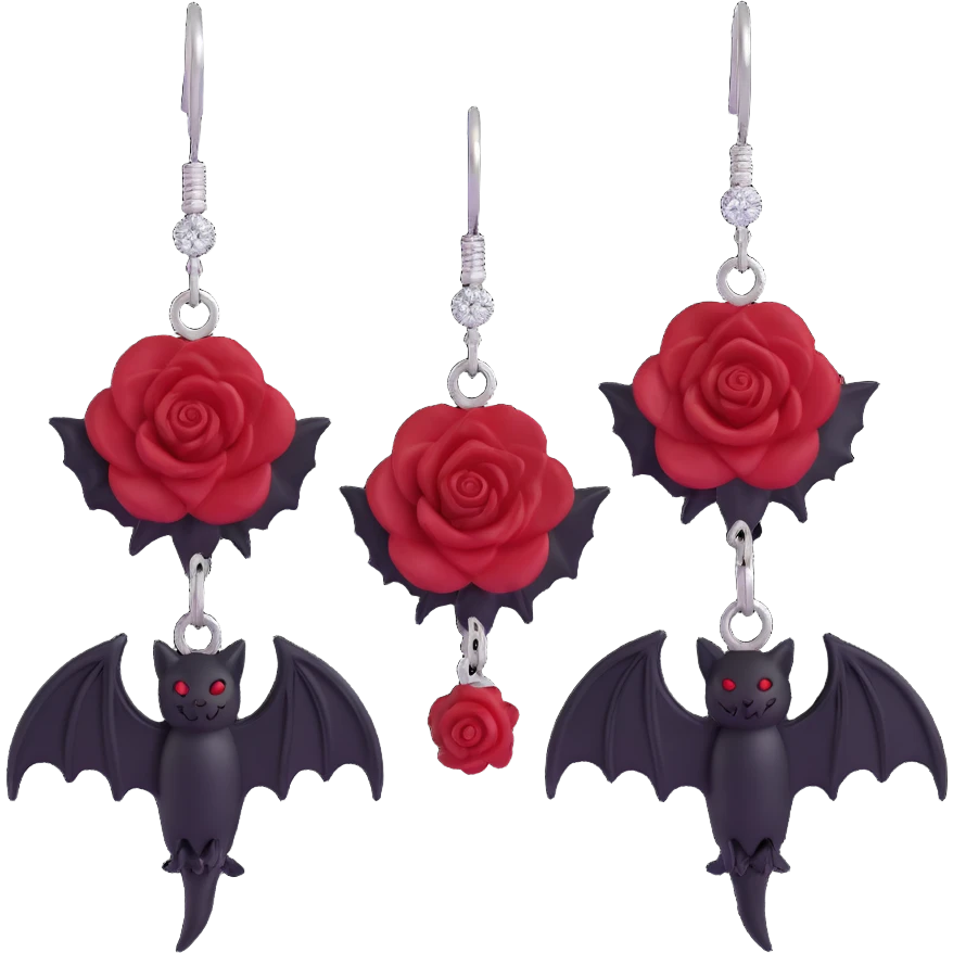 gothic earrings with crimson velvet bows, black bat charms, deep red rose accents, dramatic and gothic emoji