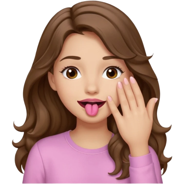 girl with wavy long brown hair, brown eyes, light to medium complexion, long lashes, light pink lipstick, wearing light pink shirt, sexy, gigling hand covering mouth emoji