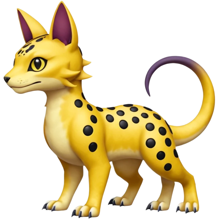 Golden-mustard-beige-yellow-gradients-colored, with black rosette-spots, scaley Bastet-Liepard-Noibat-Gatomon-Garchomp-Digimon-Fakémon-Pokémon-creature (full body) emoji