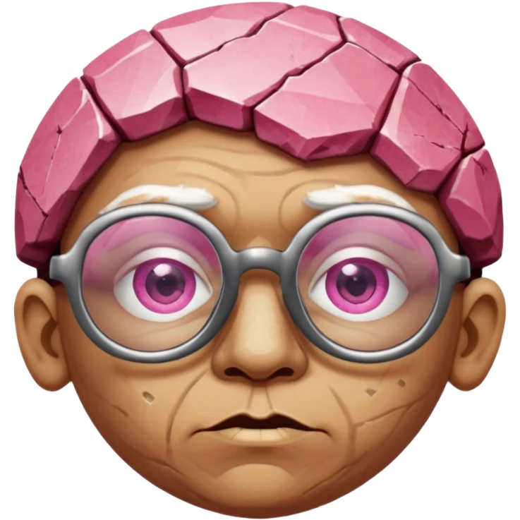 A single pinkfaceted rock head, chunky and worn, with very visible big cracks and chipped facets but still shiny, big glasses emoji