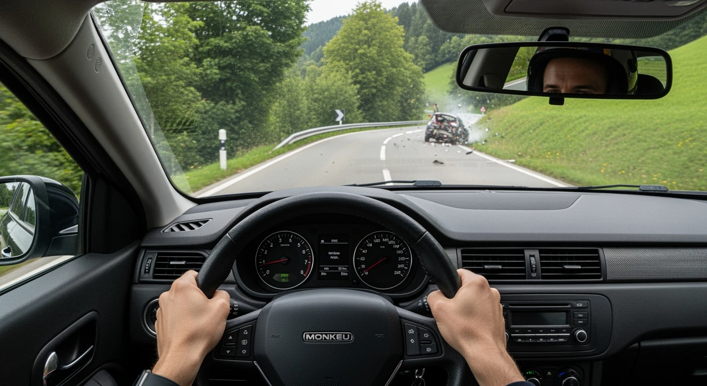 Realistic camshot pov of monkeu car (hands holding car wheel) switzerland road with car crash emoji
