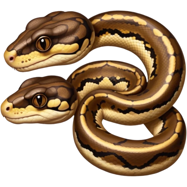 A photo-realistic digital illustration of a Ball Python, large headshot portrait. The snake has a short, rounded snout, smooth contours, and a calm, curious expression. Its head is warm brown with bold, irregular dark markings, including the signature “alien-head” pattern.  emoji