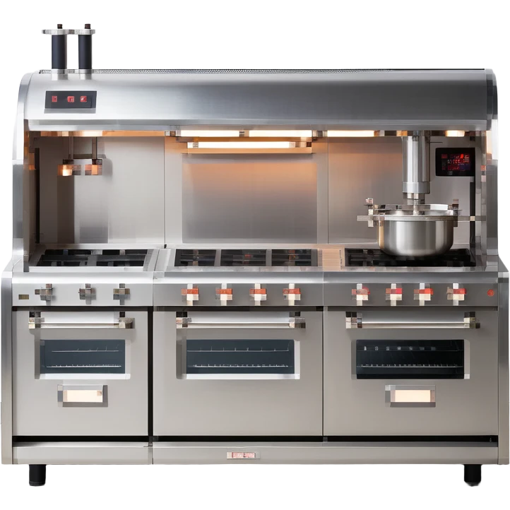 A robotic baker with stainless steel limbs, built-in mixers, and a retro-futuristic oven. The environment is industrial-chic: brushed metal surfaces, LED panels, and mechanical arms. UI mimics control panels with toggle switches, rivets, and analog dials. emoji