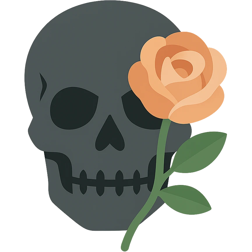A dark, grey skull with sharp, angular features and a mysterious, haunting aura, featuring a rose delicately placed in one of its hollow eye sockets. The skull is in shades of grey, accented with soft tones of golden orange (FA9B41), forest green (4A7C5C), muted taupe brown (96775A), and pastel peach (FFCC9A). The rose, vibrant in its peach and orange hues, contrasts with the cold, eerie grey of the skull, its petals unfurling gently around the eye socket. The background is dim and shadowy, with a faint, mystical glow illuminating the skull and rose, adding to the gothic and slightly surreal atmosphere. The scene feels both haunting and beautiful, with a touch of elegance. emoji