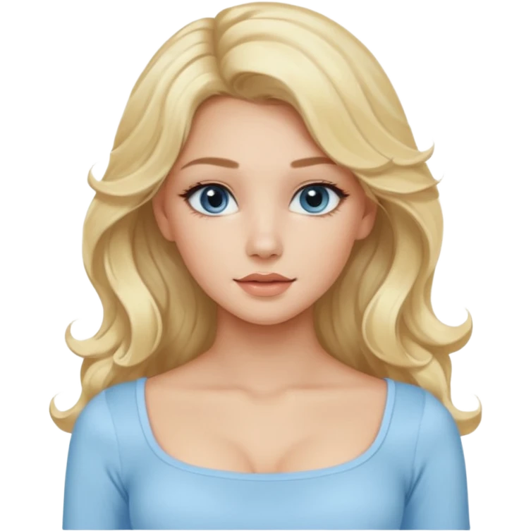 pretty girl blonde wavy long hair makeup light baby blue skin tight square neckline long sleeve top emoji