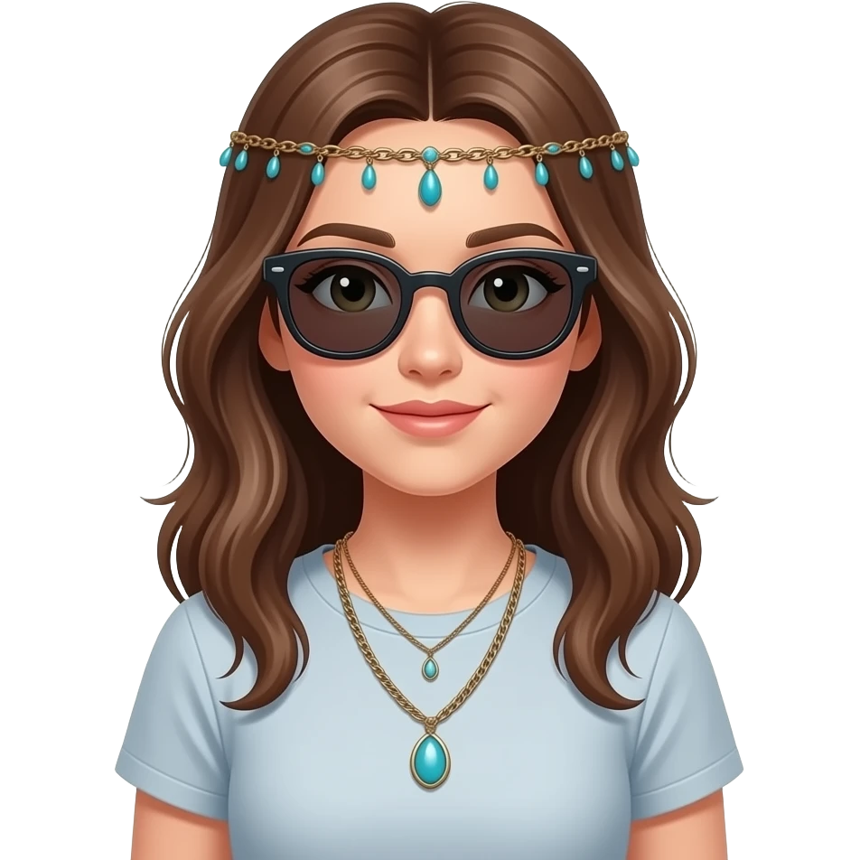 girl with boho head chain with tshirt with sunglass emoji