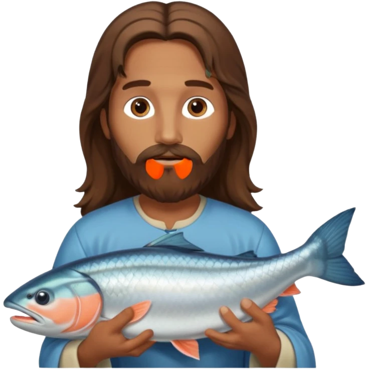 Jesus with long brown hair and a long beard holding a salmon emoji