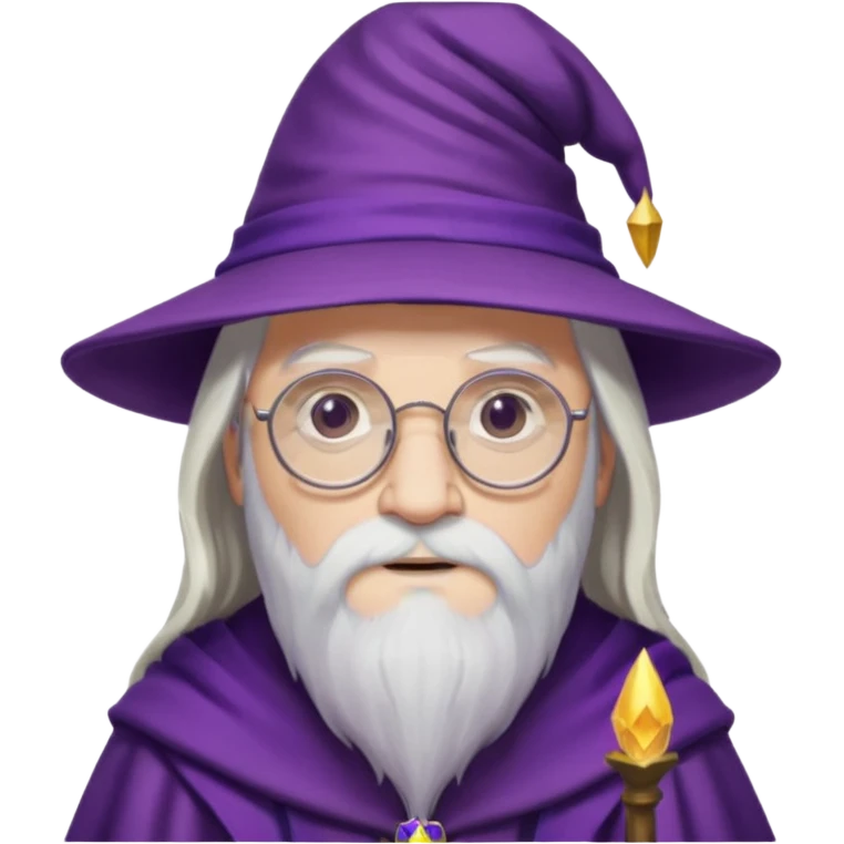 dumbledore, long white hair, wear purple magic hat, glasses emoji