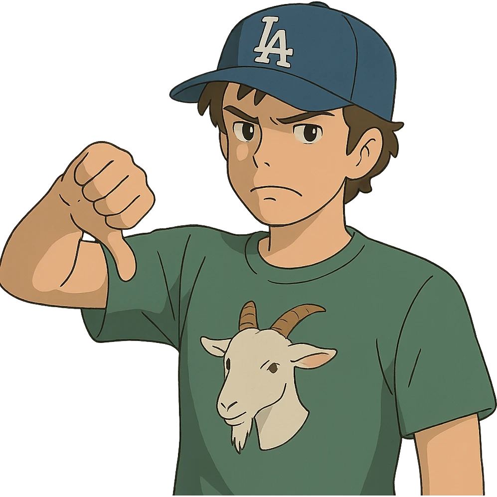 young man with a goat t-shirt, Dodgers hat, giving a thumbs down, ghibli style emoji