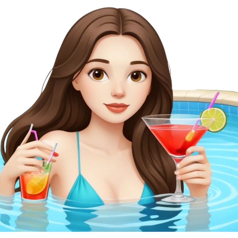  beautiful pale brunette girl with long hair relaxing in the pool with a cocktail  emoji