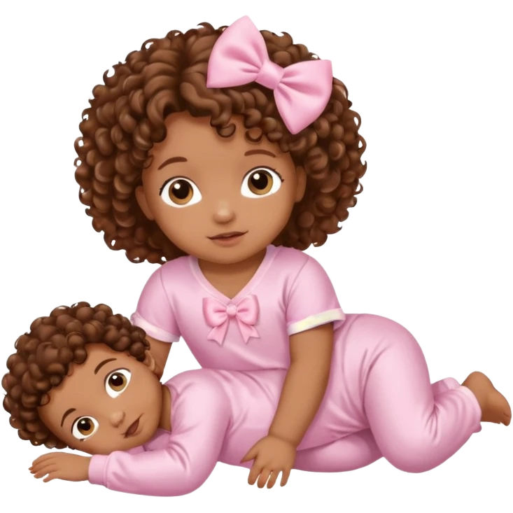 Brown skin 6 month old baby with brown curly hair down laying down with satin baby pink onesie and white bow emoji